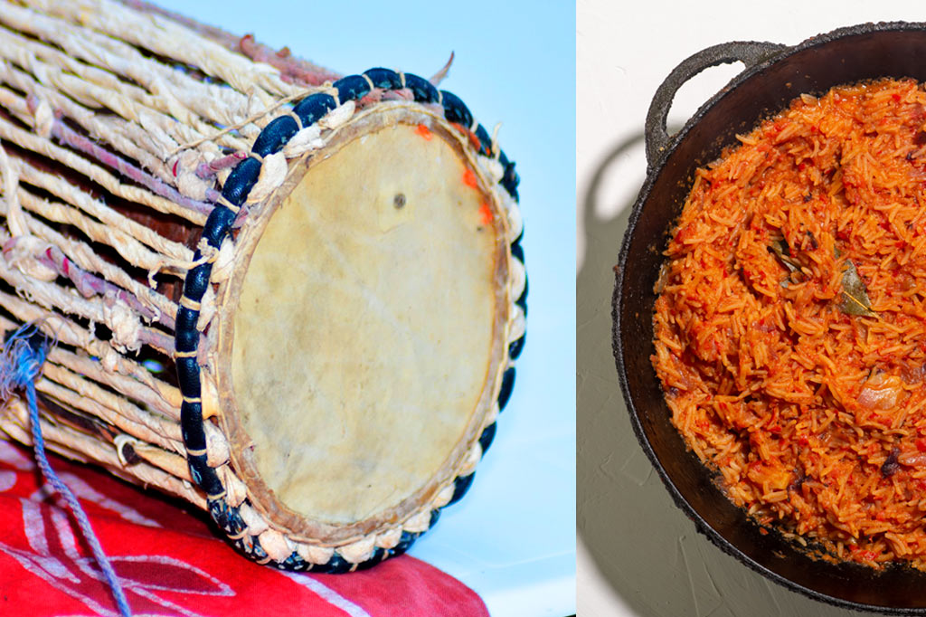 Drum and pan full of jollof rice.