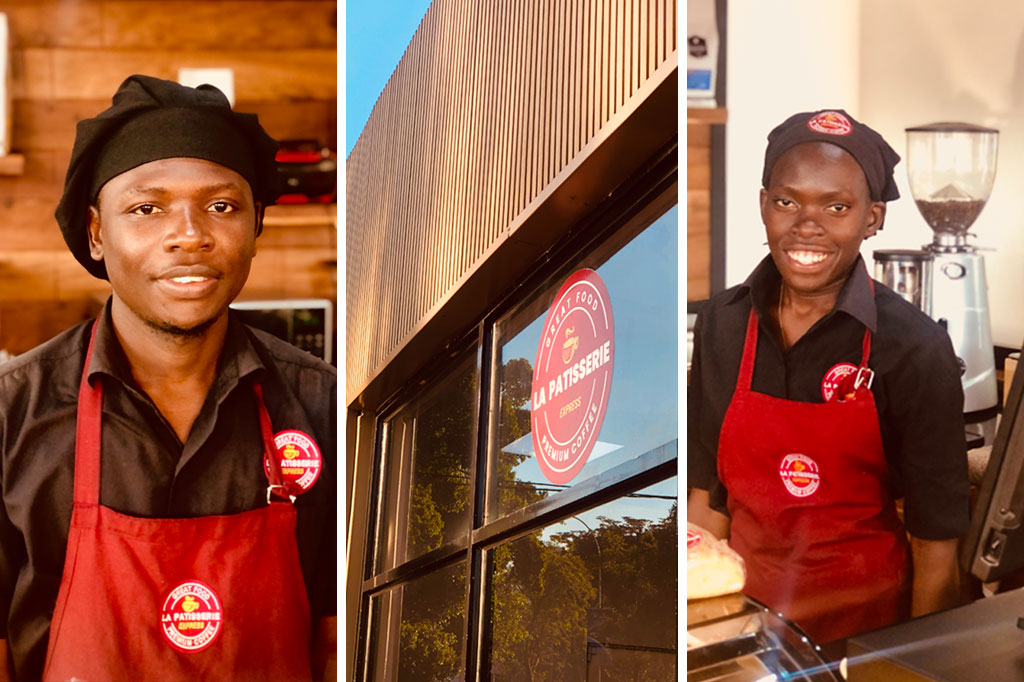 An exterior shot of a Uganda coffee kiosk and portraits of its staff.