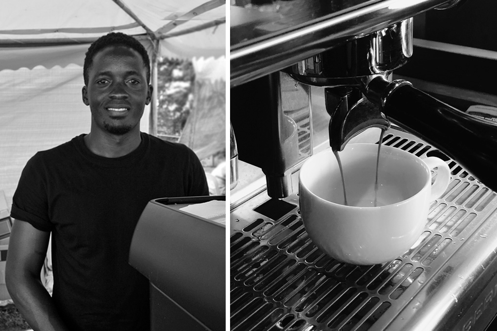 Portrait of Charles Lukonge, the Head Barista at La Pâtisserie Express in Kampala Uganda next to a close-up of espresso being brewed into a white ceramic coffee cup.