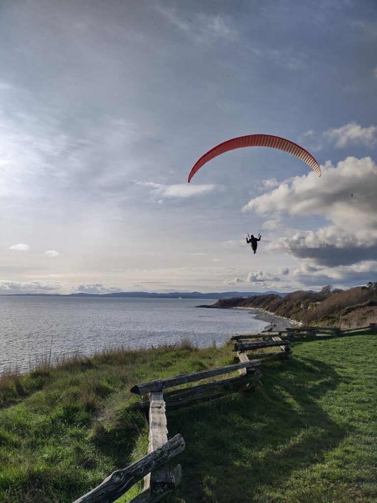 Parasailer gliding by Dallas Road walk with views of the coast behind.