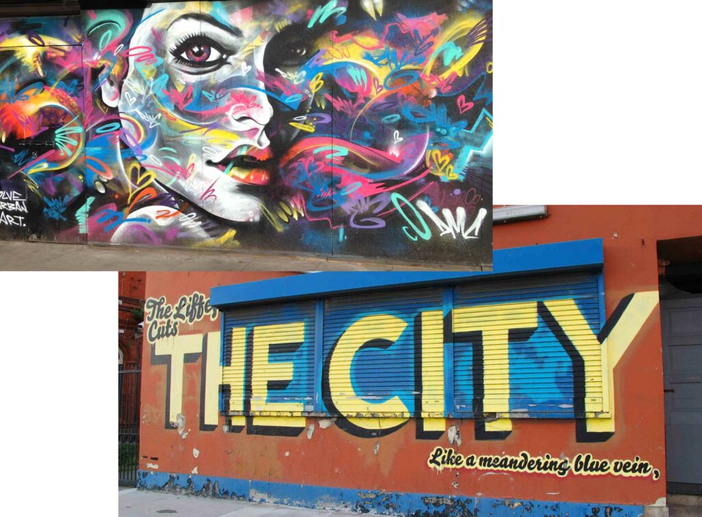 Two examples of street art in Dublin; colourful portrait of a woman by DMC and collaboration by Maser and Damien Dempsey, reading 'The Liffey cuts the city like a meandering blue vein'